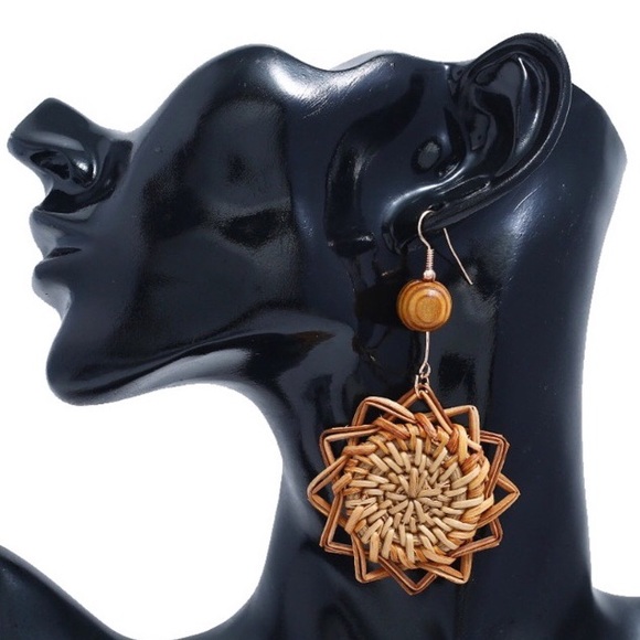 Wicker Rattan Wood Bead Geometric Drop Earrings - Picture 2 of 7